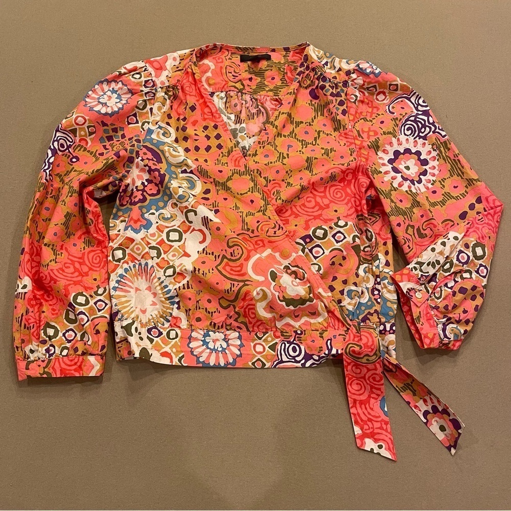 J. Crew 100% Cotton Multicolor Wrap Top Size Small